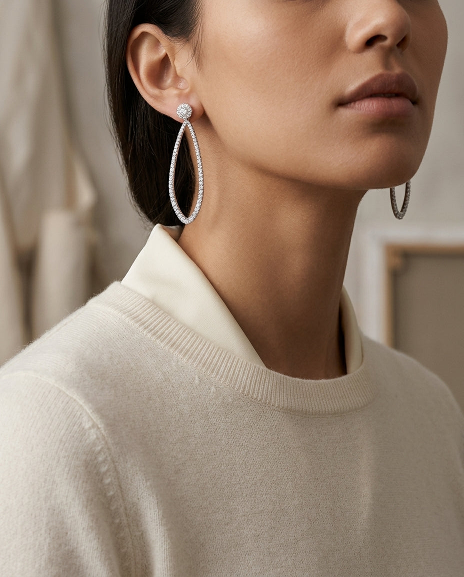 Diamond Elongated Teardrop Earrings In 14k White Gold — editorial close-up