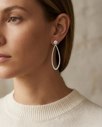 Diamond Elongated Teardrop Earrings In 14k White Gold — editorial close-up