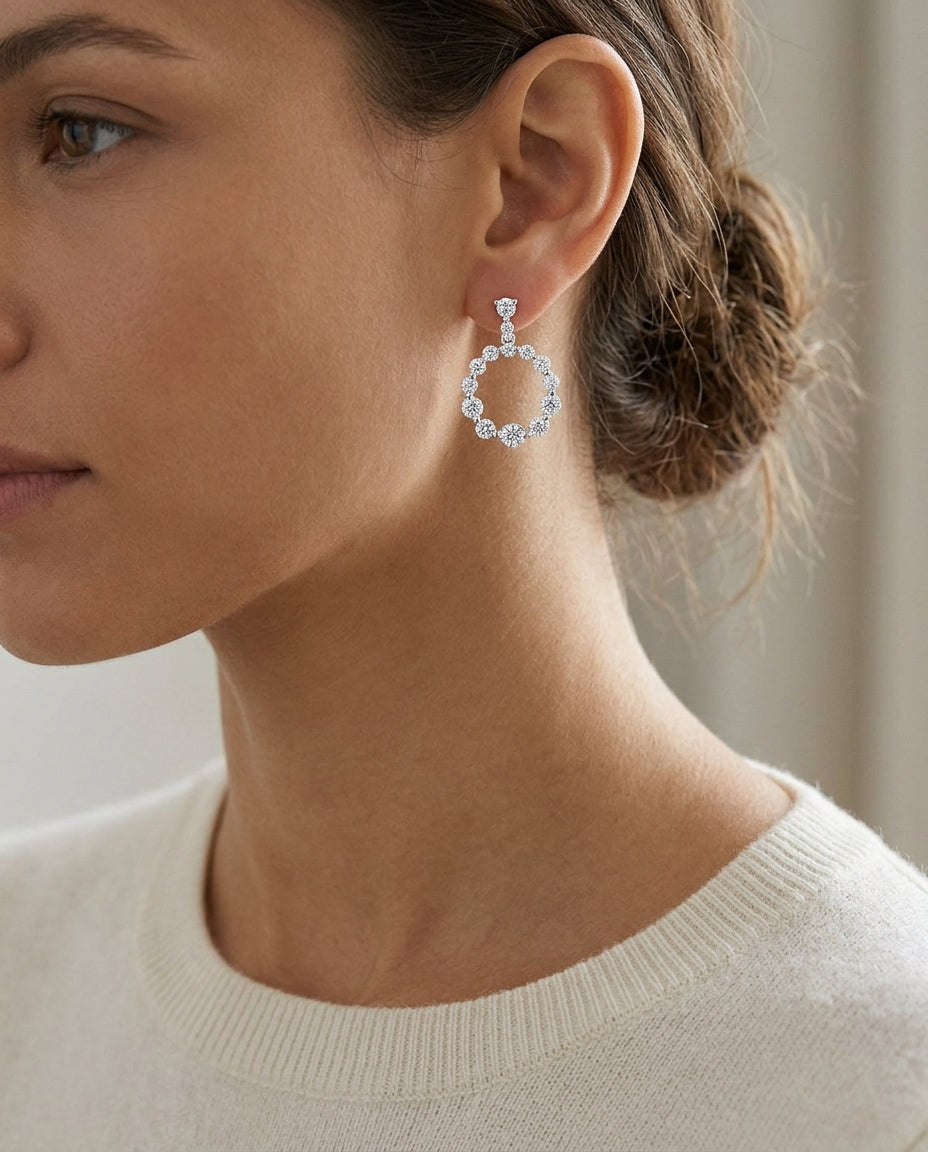 Diamond Open Circle Dangle Earrings In 14k White Gold — editorial close-up