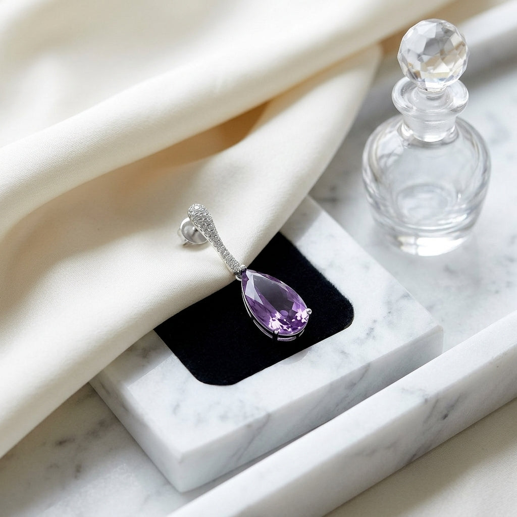 Amethyst And Diamond Pear Drop Earrings In 14k White Gold (16x8mm) — atelier still life