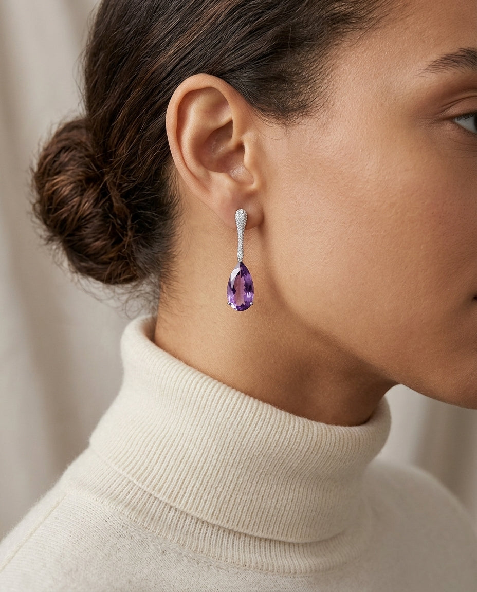 Amethyst And Diamond Pear Drop Earrings In 14k White Gold (16x8mm) — editorial close-up