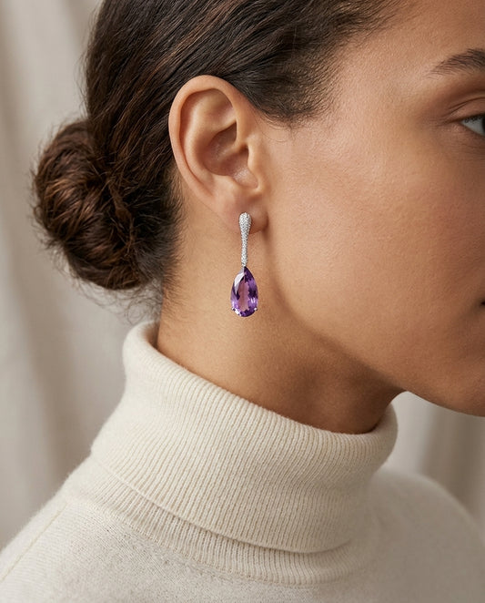 Amethyst And Diamond Pear Drop Earrings In 14k White Gold (16x8mm) — editorial close-up