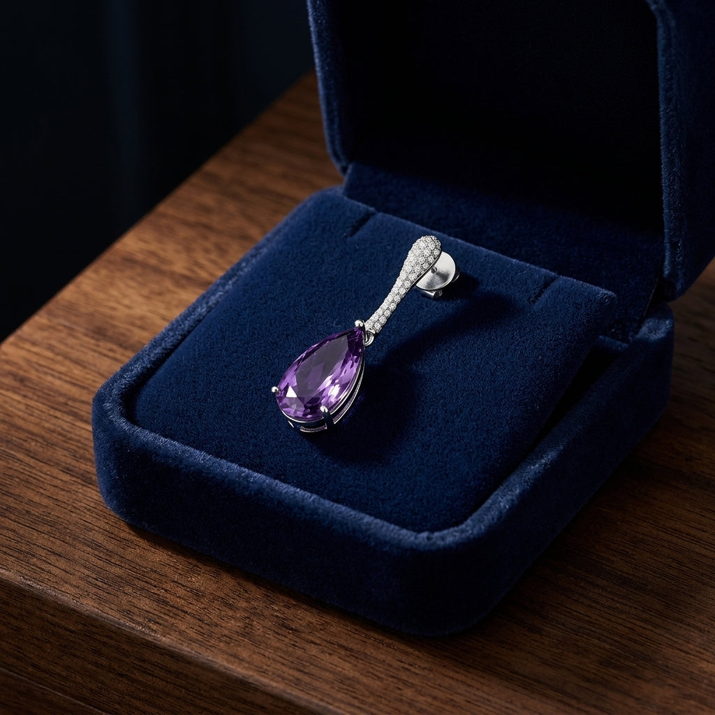Amethyst And Diamond Pear Drop Earrings In 14k White Gold (16x8mm) — gift presentation