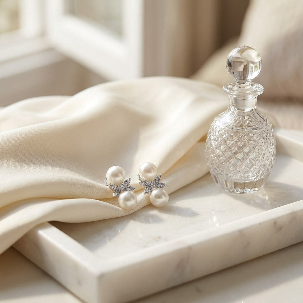 Freshwater Pearl And Diamond Butterfly Earring In 14k White Gold — marble silk