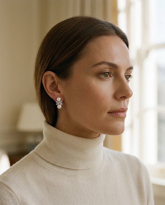 Freshwater Pearl And Diamond Butterfly Earring In 14k White Gold — portrait close
