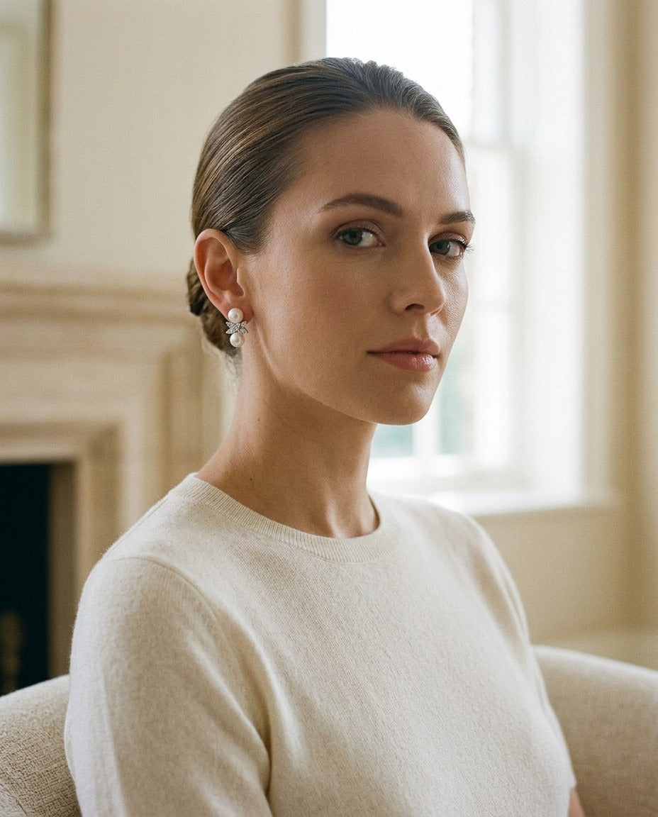 Freshwater Pearl And Diamond Butterfly Earring In 14k White Gold — portrait full