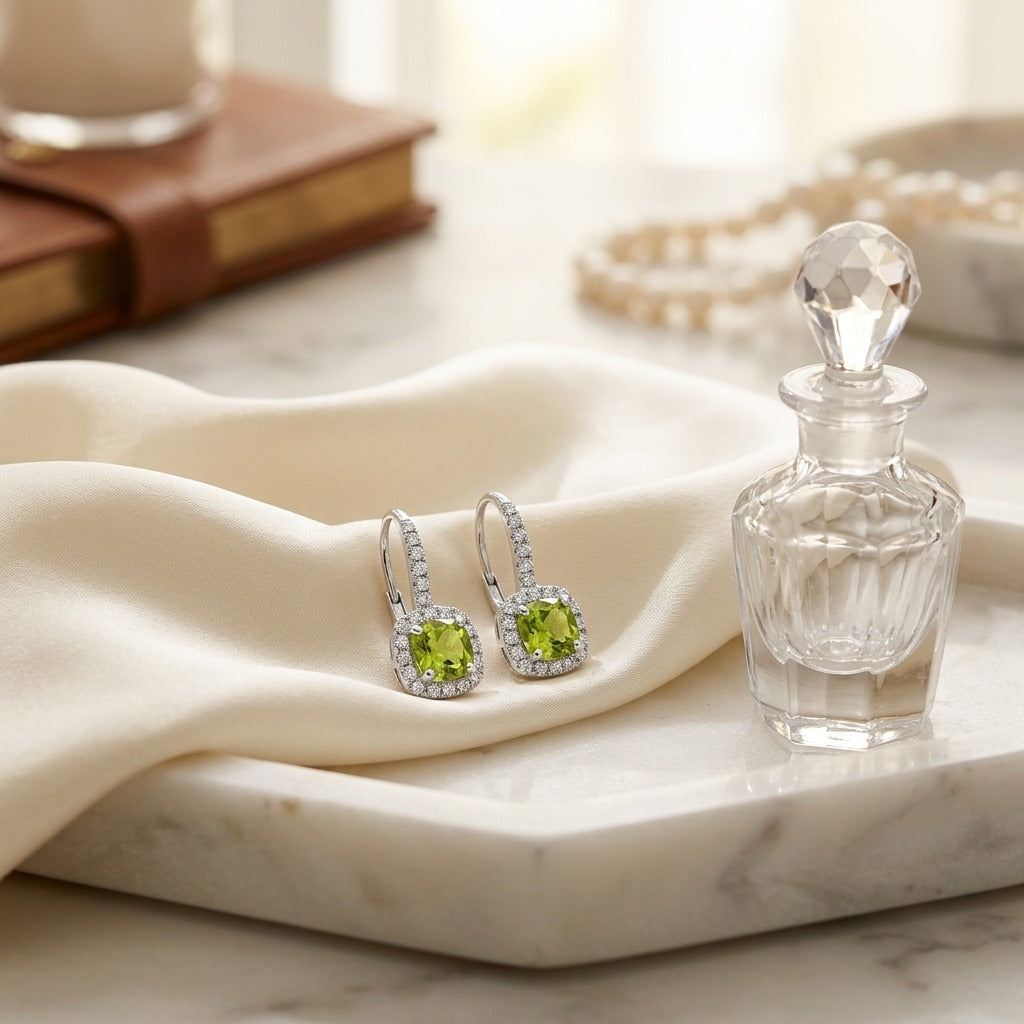 Peridot And Diamond Earrings In 14k White Gold — marble silk
