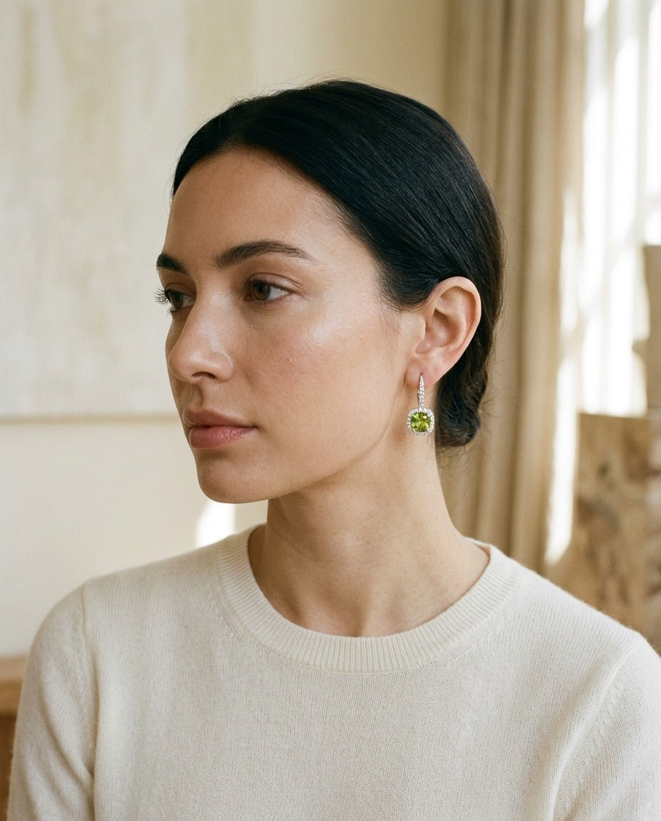 Peridot And Diamond Earrings In 14k White Gold — portrait close
