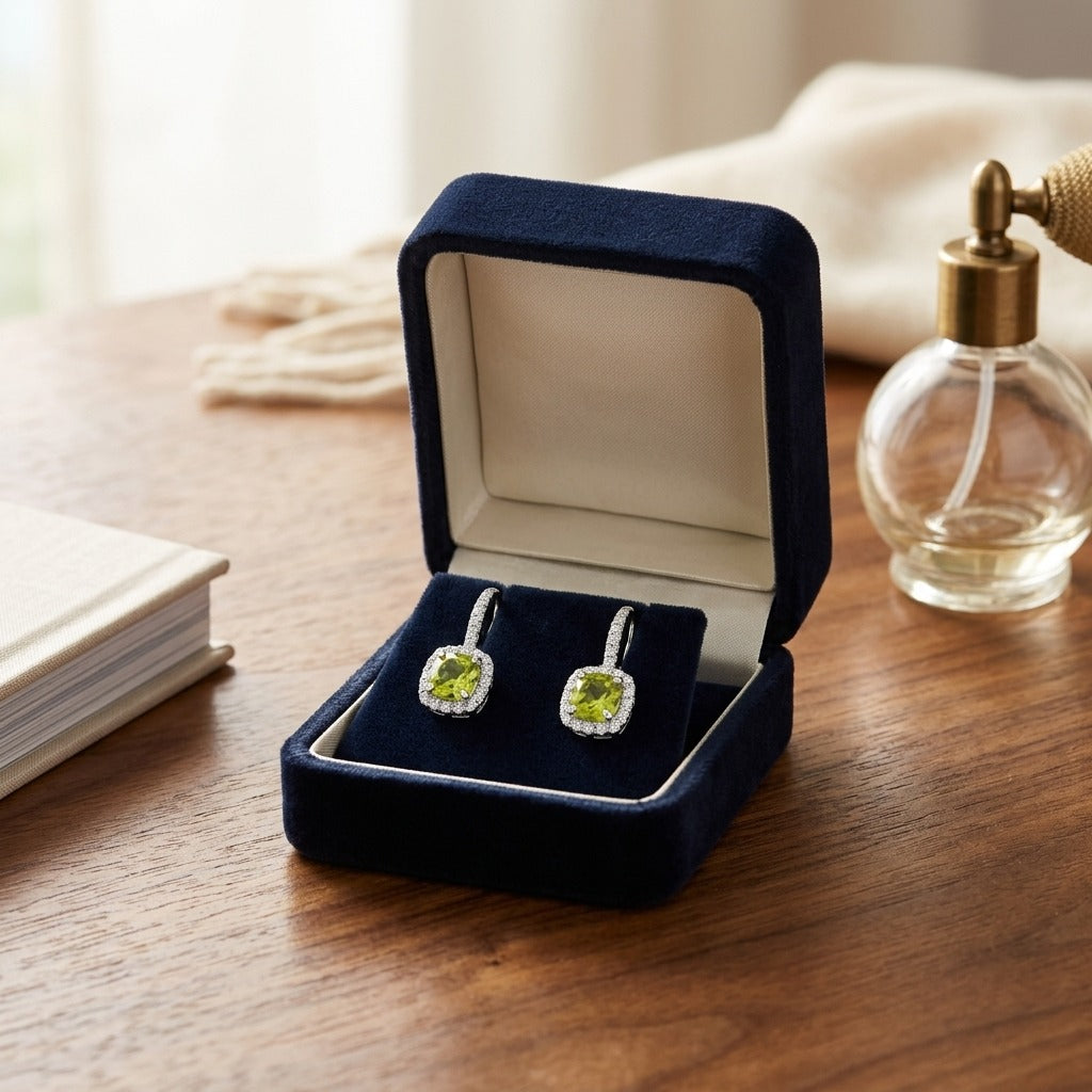 Peridot And Diamond Earrings In 14k White Gold — velvet box