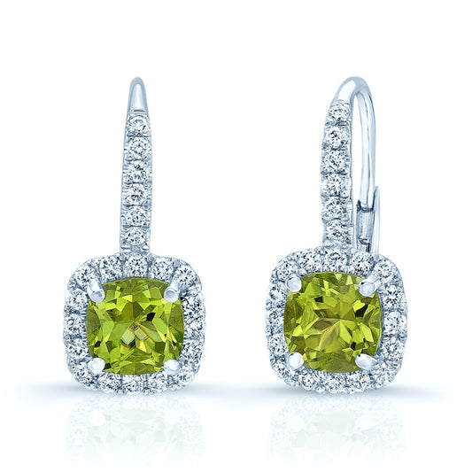 Peridot And Diamond Earrings In 14k White Gold
