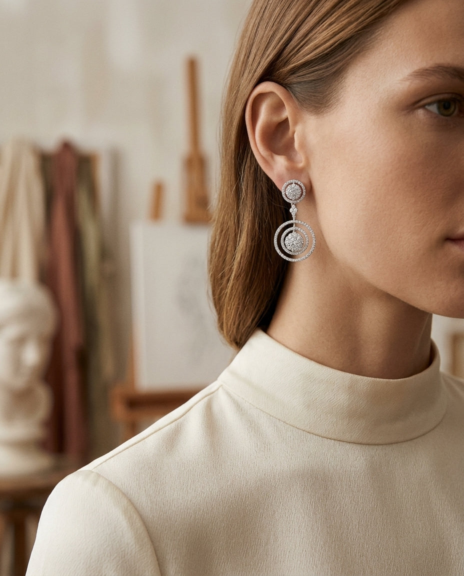 Diamond Concentric Cirlcles Dangle Earrings In 14k White Gold — editorial close-up