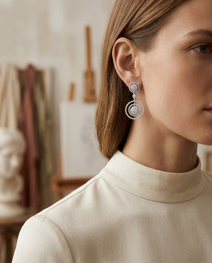 Diamond Concentric Cirlcles Dangle Earrings In 14k White Gold — editorial close-up