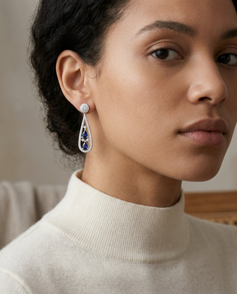 Sapphire And Diamond Tear Drop Earrings In 14k White Gold (si) — editorial close-up