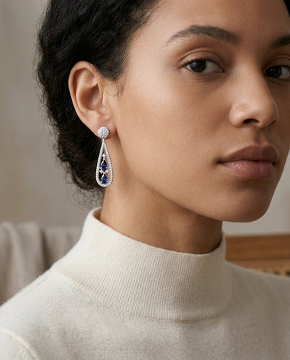 Sapphire And Diamond Tear Drop Earrings In 14k White Gold (si) — editorial close-up