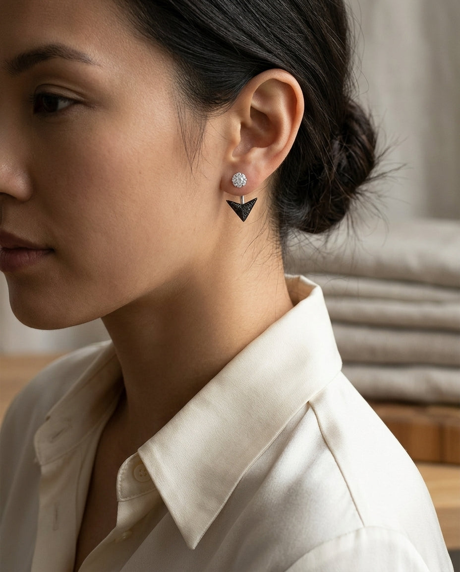 Black And White Diamond Chevron Drop Earrings In 14k White Gold (si) — editorial close-up