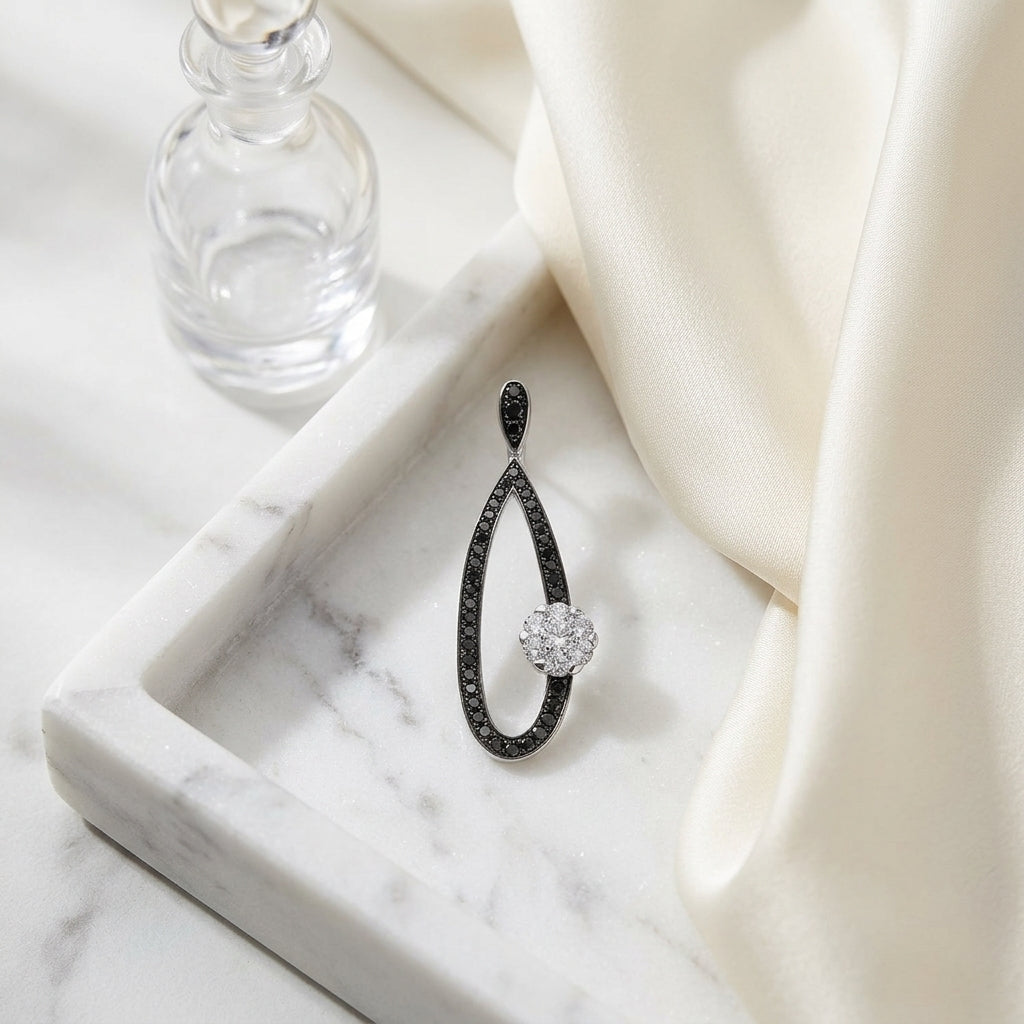 Black And White Diamond Long Tear Drop Earrings In 14k White Gold (si) — atelier still life