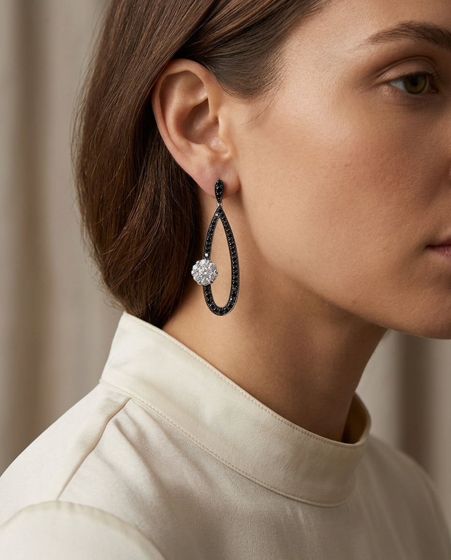 Black And White Diamond Long Tear Drop Earrings In 14k White Gold (si) — editorial close-up