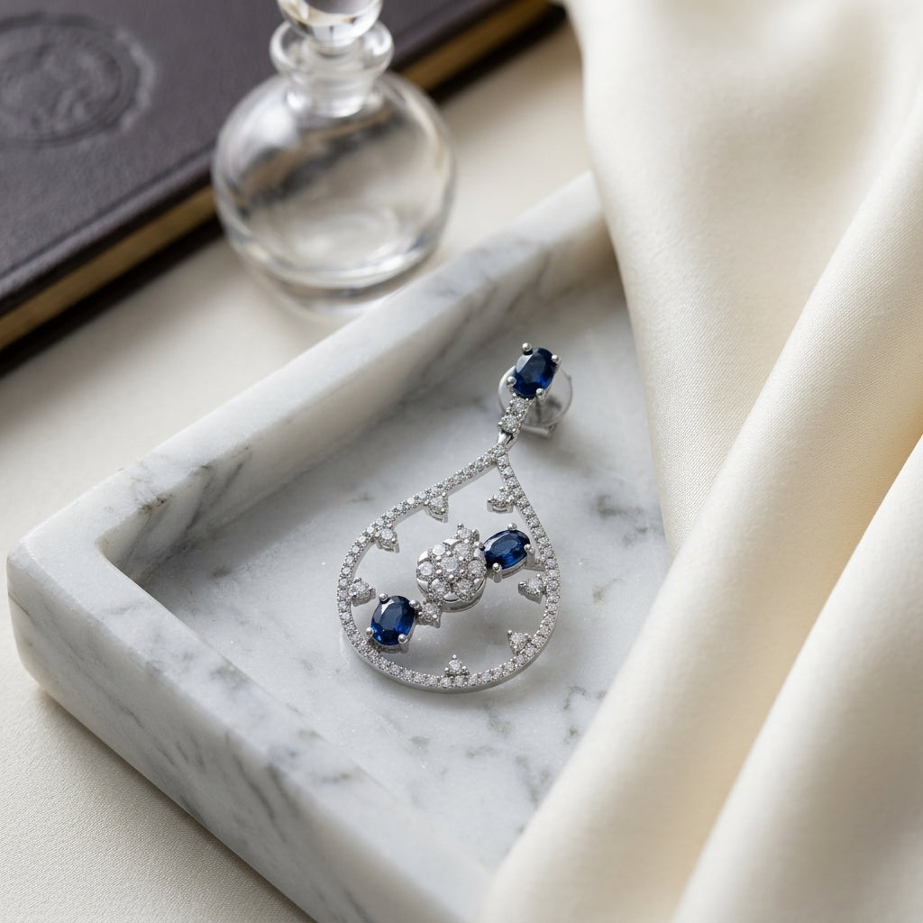 Sapphire And Diamond Cascade Tear Drop Dangling Earrings In 14k White Gold (si) — atelier still life