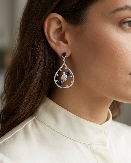 Sapphire And Diamond Cascade Tear Drop Dangling Earrings In 14k White Gold (si) — editorial close-up