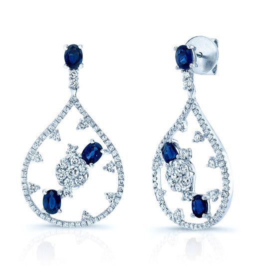 Sapphire And Diamond Cascade Tear Drop Dangling Earrings In 14k White Gold (si)