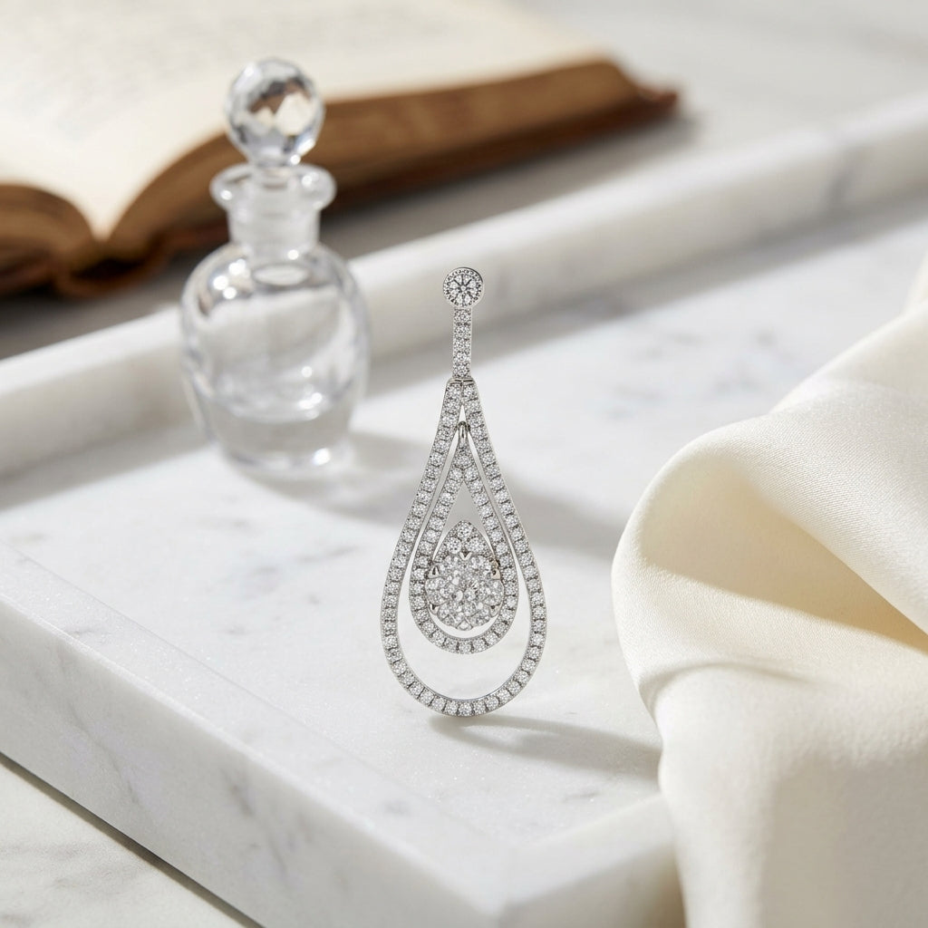 Diamond Double Elongated Tear Drop Dangling Earrings In 14k White Gold — atelier still life