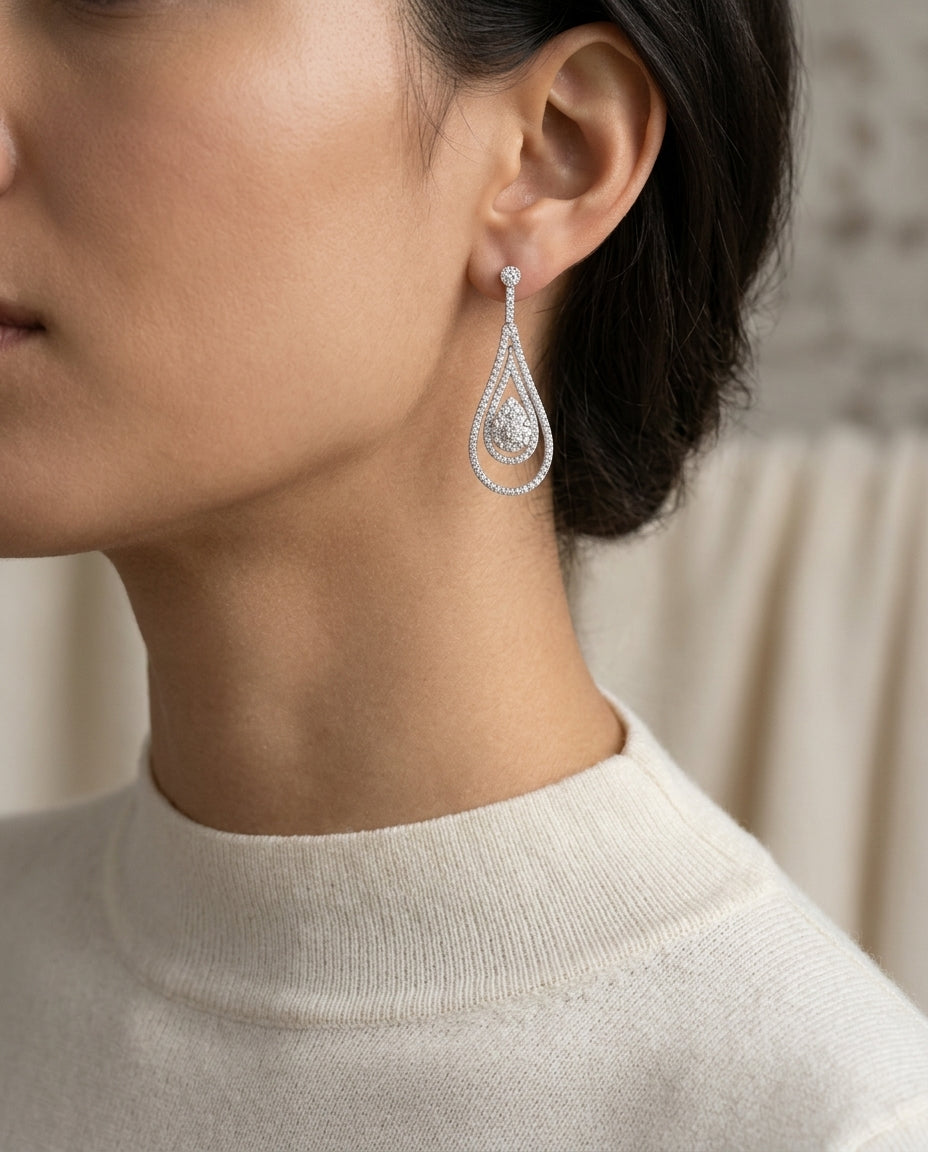 Diamond Double Elongated Tear Drop Dangling Earrings In 14k White Gold — editorial close-up