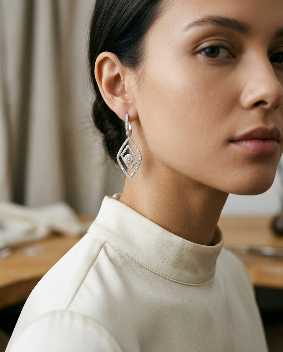 Diamond Geometric Frame Dangle Earrings In 14k White Gold — editorial close-up