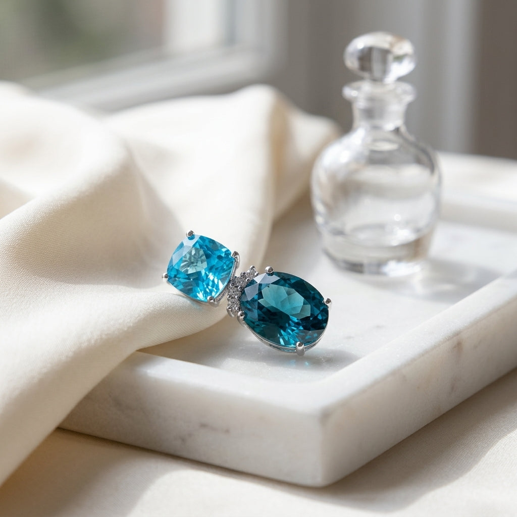 London Blue And Swiss Blue Topaz With Diamond Earrings In 14k White Gold — atelier still life