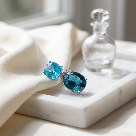 London Blue And Swiss Blue Topaz With Diamond Earrings In 14k White Gold — atelier still life