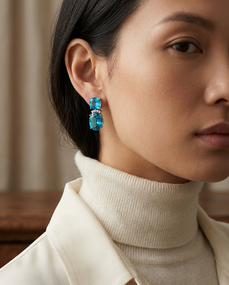 London Blue And Swiss Blue Topaz With Diamond Earrings In 14k White Gold — editorial close-up