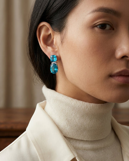 London Blue And Swiss Blue Topaz With Diamond Earrings In 14k White Gold — editorial close-up