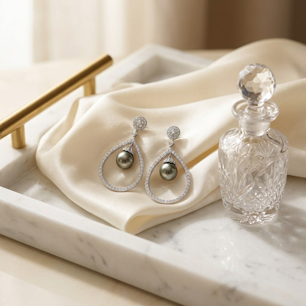 Black Pearl and Diamond Tear Drop Earrings in 14k White Gold — marble silk
