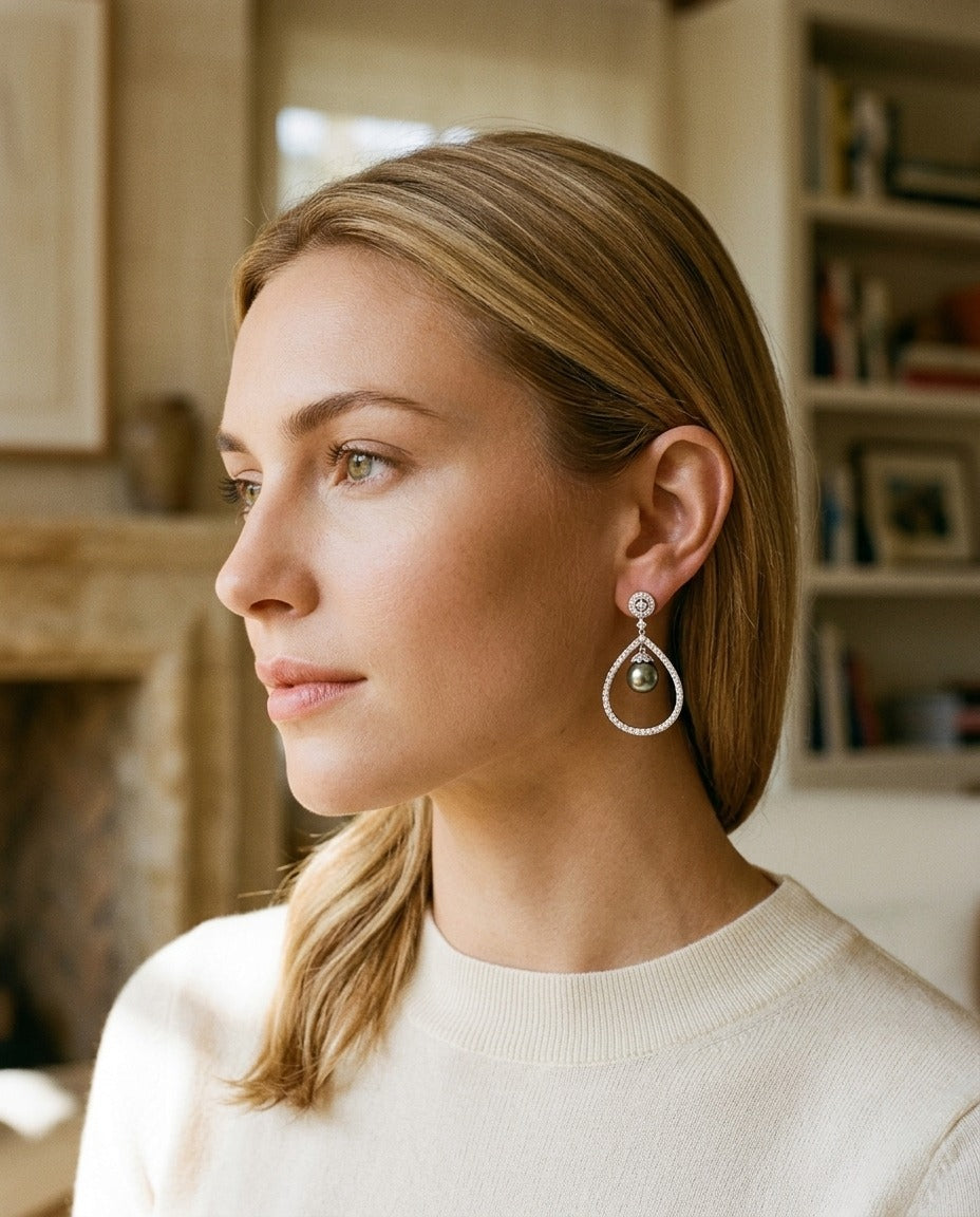 Black Pearl and Diamond Tear Drop Earrings in 14k White Gold — portrait close
