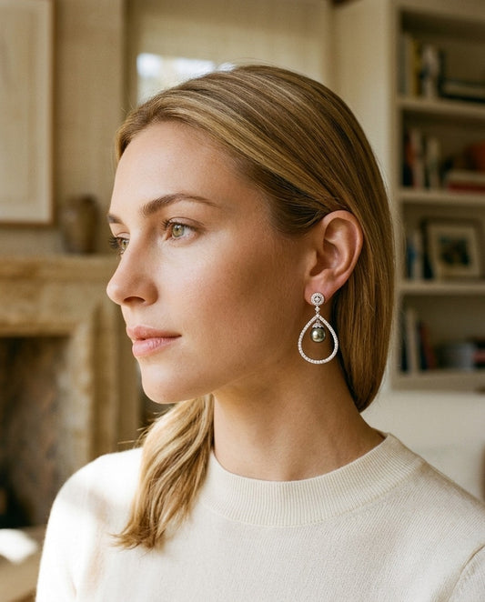 Black Pearl and Diamond Tear Drop Earrings in 14k White Gold — portrait close