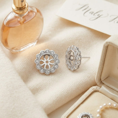 Halo Diamond Earring Jackets in 14k White Gold — textile flat lay