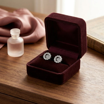 Halo Diamond Earring Jackets in 14k White Gold — velvet box