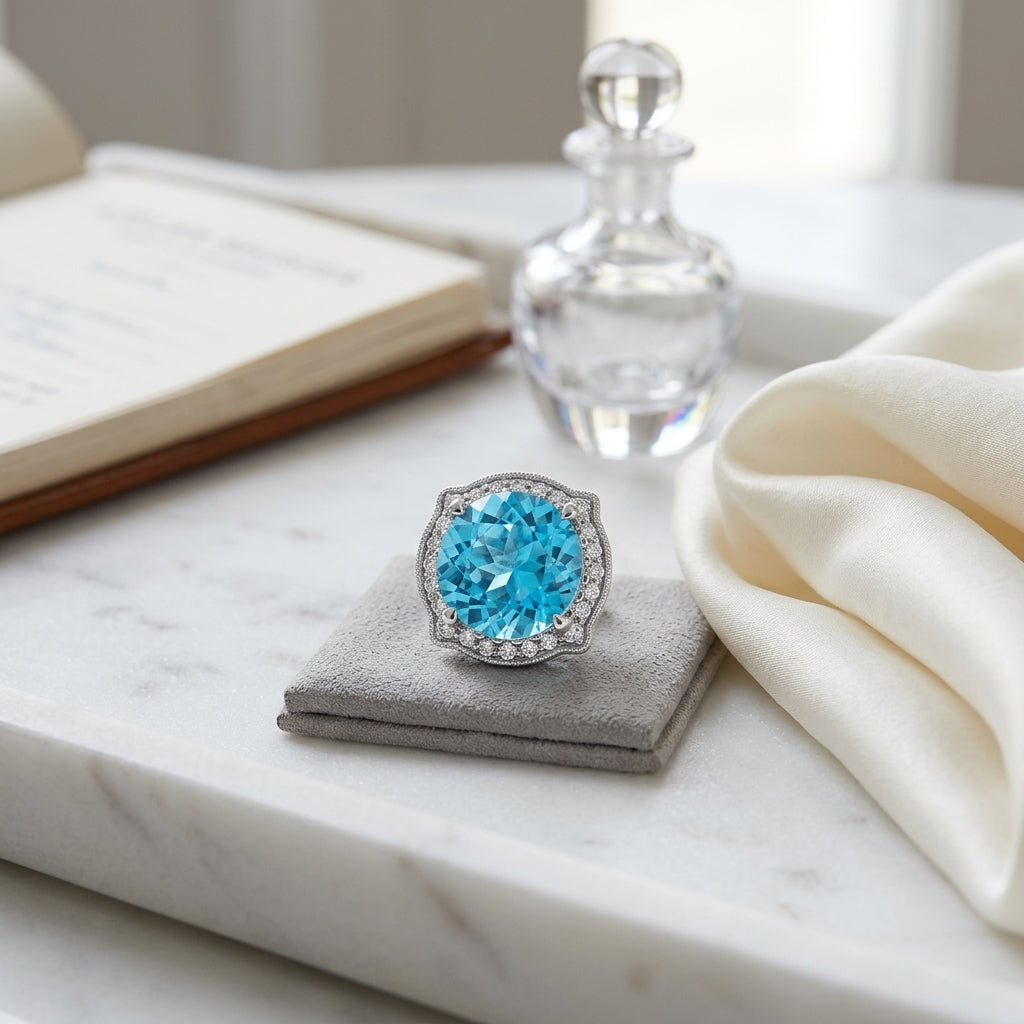 Blue Topaz And Diamond Round Halo Pinched Corner Earrings In 14k White Gold — atelier still life