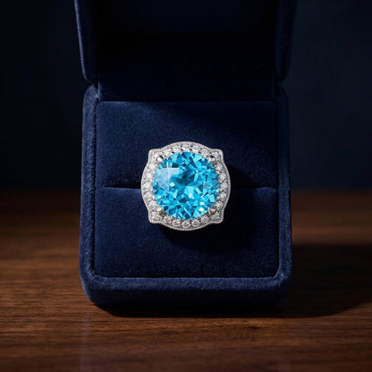 Blue Topaz And Diamond Round Halo Pinched Corner Earrings In 14k White Gold — gift presentation
