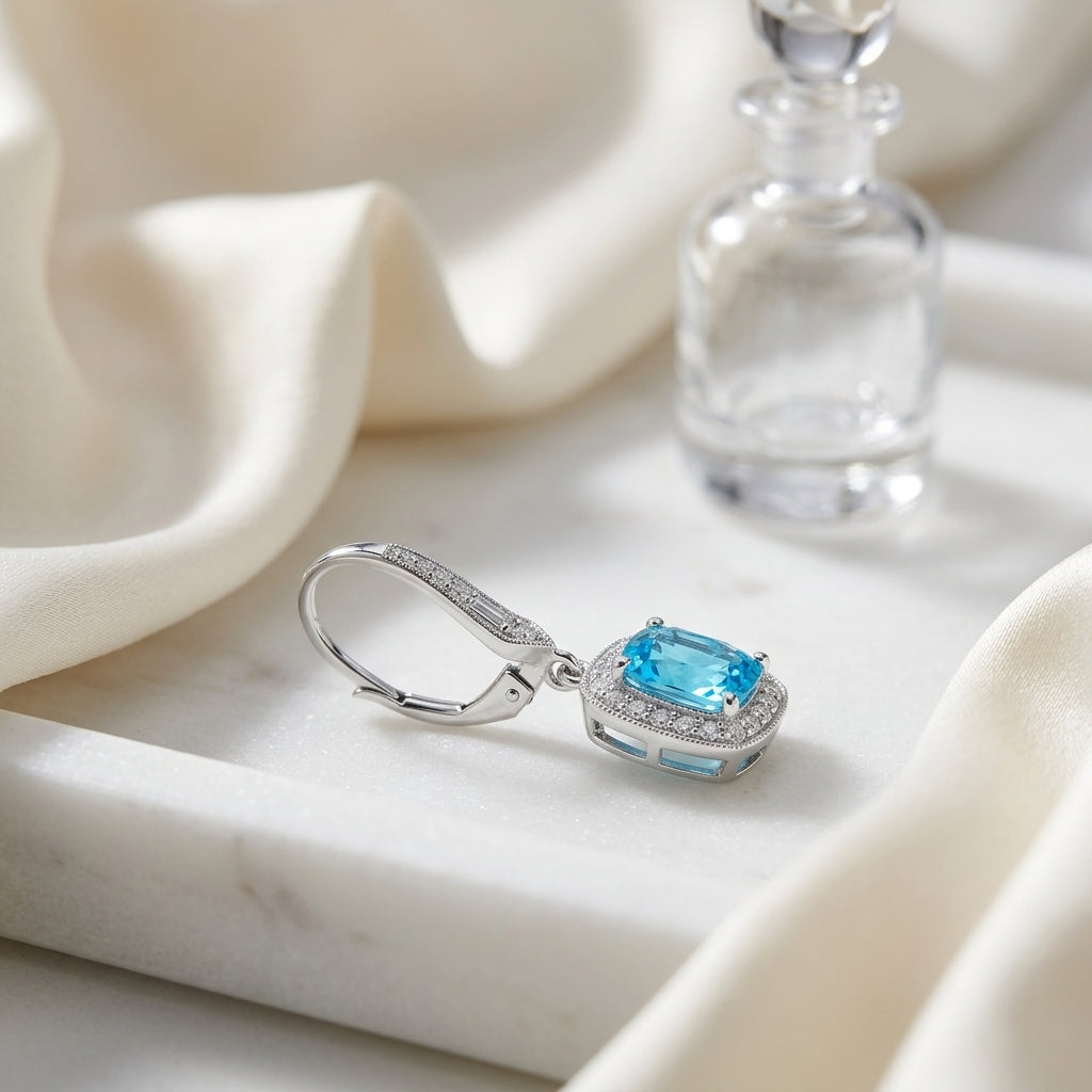 Blue Topaz And Diamond Elongated Cushion Halo Dangle Earrings In 14k White Gold ( Hi / Si ) — atelier still life