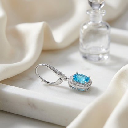 Blue Topaz And Diamond Elongated Cushion Halo Dangle Earrings In 14k White Gold ( Hi / Si ) — atelier still life