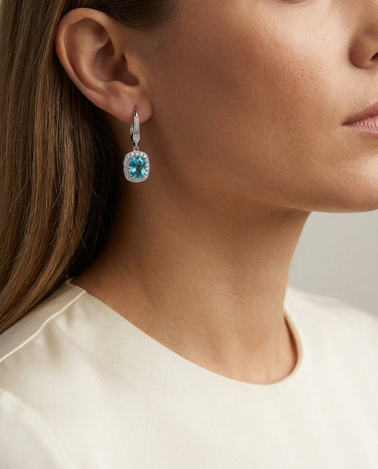 Blue Topaz And Diamond Elongated Cushion Halo Dangle Earrings In 14k White Gold ( Hi / Si ) — editorial close-up