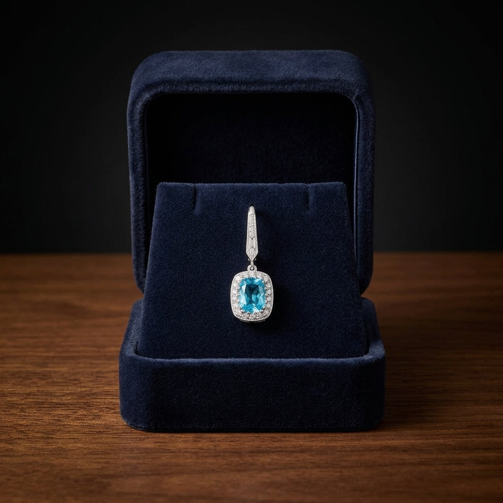 Blue Topaz And Diamond Elongated Cushion Halo Dangle Earrings In 14k White Gold ( Hi / Si ) — gift presentation