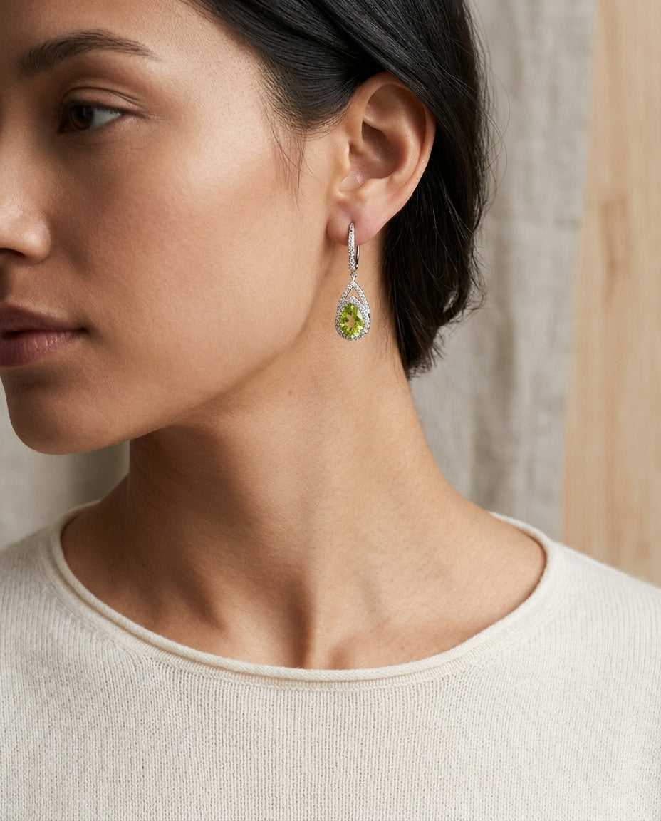Peridot And Diamond Earrings In 14k White Gold (1/3 Ct.tw.) — editorial close-up