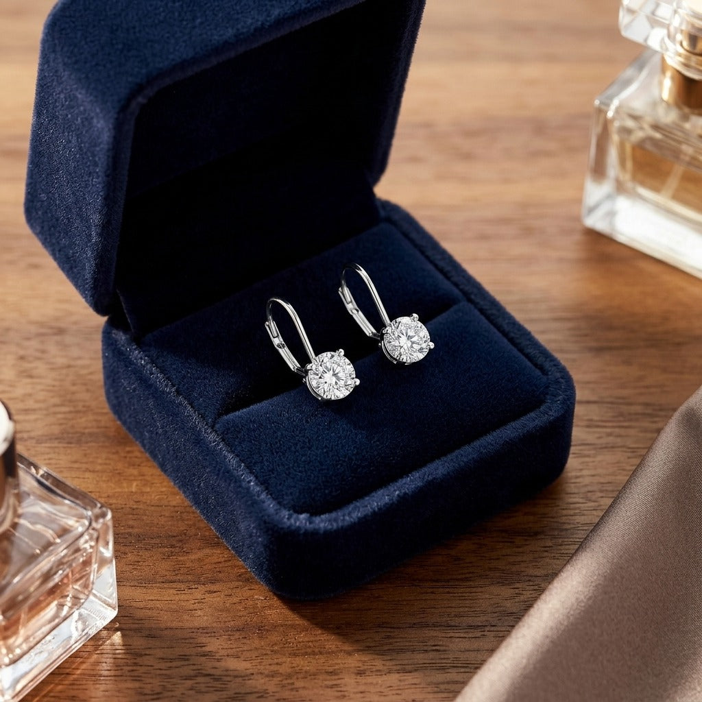 Diamond Leverback Solitaire Earrings In 14k White Gold 1-5/8ctw — velvet box