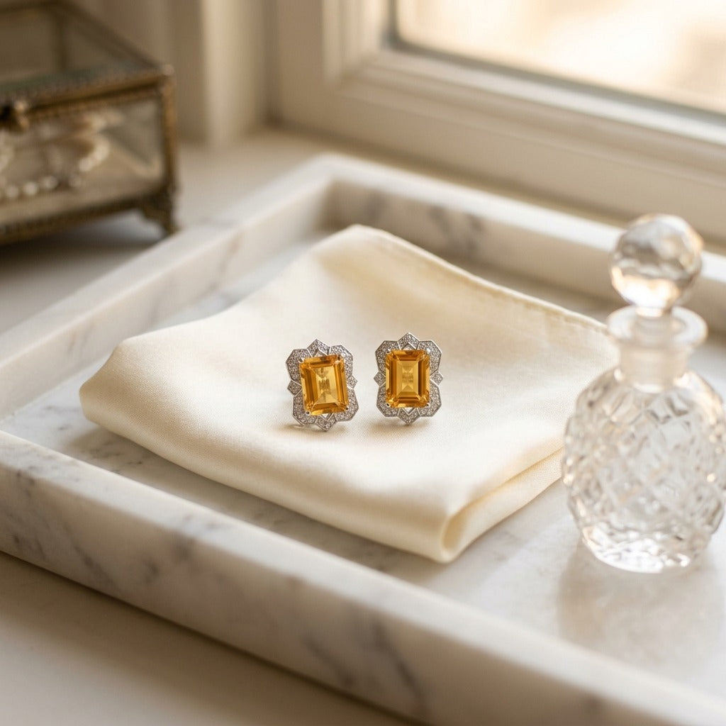 Citrine Emerald Cut And Diamond Earrings In 14k White Gold (1/5 Ct.tw.) — marble silk