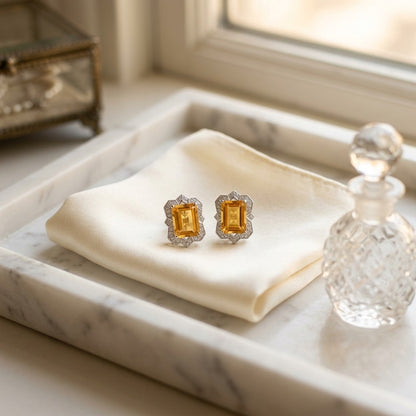 Citrine Emerald Cut And Diamond Earrings In 14k White Gold (1/5 Ct.tw.) — marble silk