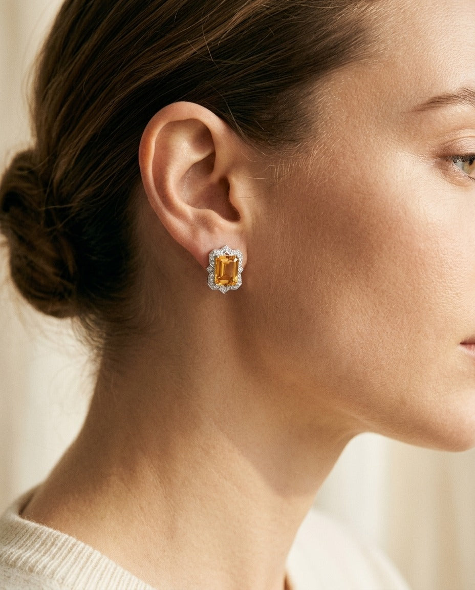 Citrine Emerald Cut And Diamond Earrings In 14k White Gold (1/5 Ct.tw.) — portrait close