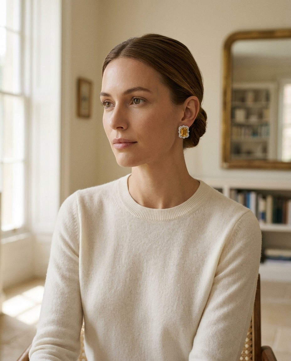 Citrine Emerald Cut And Diamond Earrings In 14k White Gold (1/5 Ct.tw.) — portrait full