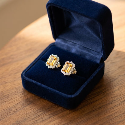 Citrine Emerald Cut And Diamond Earrings In 14k White Gold (1/5 Ct.tw.) — velvet box