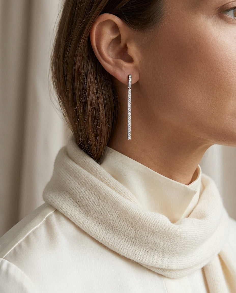 Diamond Pave Dangling Stick Earrings In 14k White Gold — editorial close-up